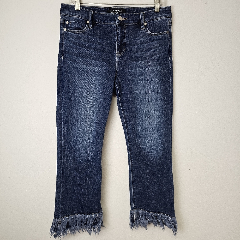 LIVERPOOL Crop Flare Jeans Venice Fray Mid Rise Sz 6 Boho Hippie Festival